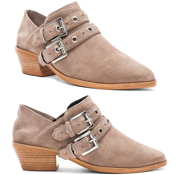 REBECCA MINKOFF Sand Austen Buckles Ankle BOOTIES Shoes 8.5 Beige Suede NEW $164 - Picture 1 of 12